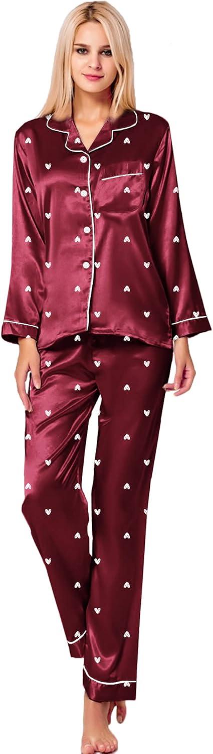 imageSWOMOG Womens Silk Satin Pajamas Set Long Sleeve Button Down Sleepwear 2 Piece Lounge Set Pj Set XS3XLPattern 2