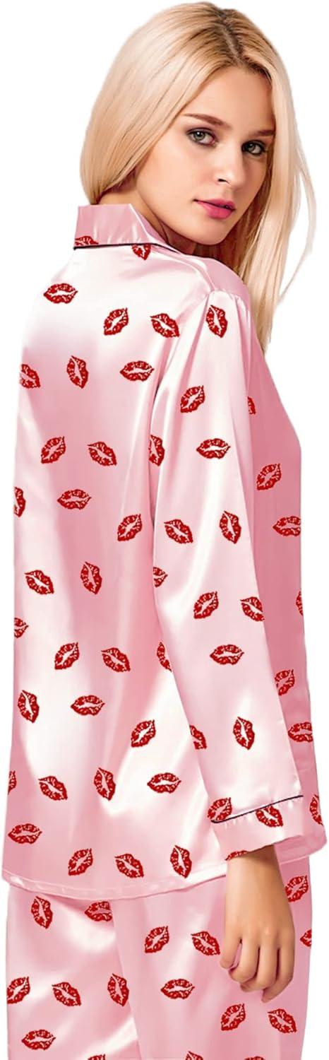 imageSWOMOG Womens Silk Satin Pajamas Set Long Sleeve Button Down Sleepwear 2 Piece Lounge Set Pj Set XS3XLPink Kiss