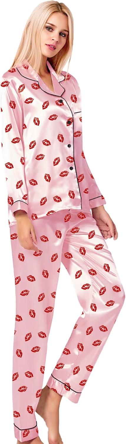 imageSWOMOG Womens Silk Satin Pajamas Set Long Sleeve Button Down Sleepwear 2 Piece Lounge Set Pj Set XS3XLPink Kiss