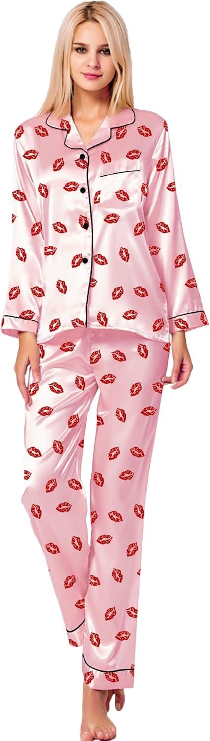 imageSWOMOG Womens Silk Satin Pajamas Set Long Sleeve Button Down Sleepwear 2 Piece Lounge Set Pj Set XS3XLPink Kiss