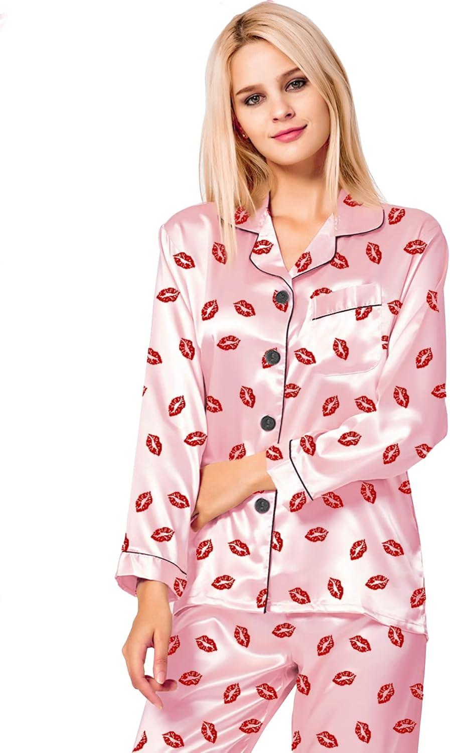 imageSWOMOG Womens Silk Satin Pajamas Set Long Sleeve Button Down Sleepwear 2 Piece Lounge Set Pj Set XS3XLPink Kiss