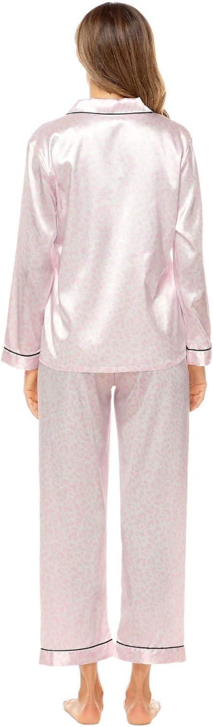 imageSWOMOG Womens Silk Satin Pajamas Set Long Sleeve Button Down Sleepwear 2 Piece Lounge Set Pj Set XS3XLPink Leopard