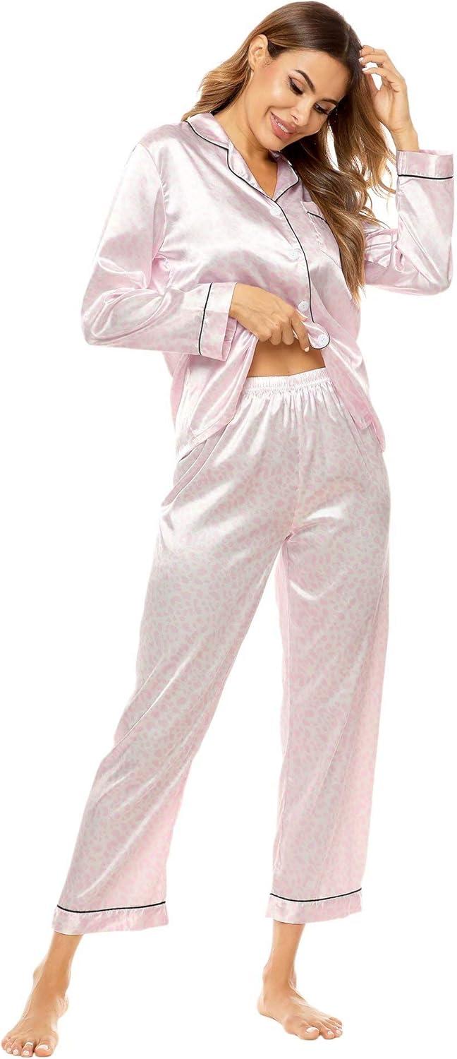 imageSWOMOG Womens Silk Satin Pajamas Set Long Sleeve Button Down Sleepwear 2 Piece Lounge Set Pj Set XS3XLPink Leopard