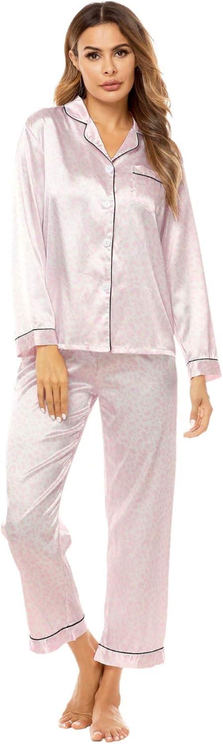 imageSWOMOG Womens Silk Satin Pajamas Set Long Sleeve Button Down Sleepwear 2 Piece Lounge Set Pj Set XS3XLPink Leopard