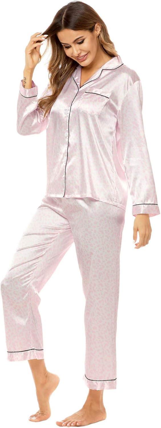 imageSWOMOG Womens Silk Satin Pajamas Set Long Sleeve Button Down Sleepwear 2 Piece Lounge Set Pj Set XS3XLPink Leopard