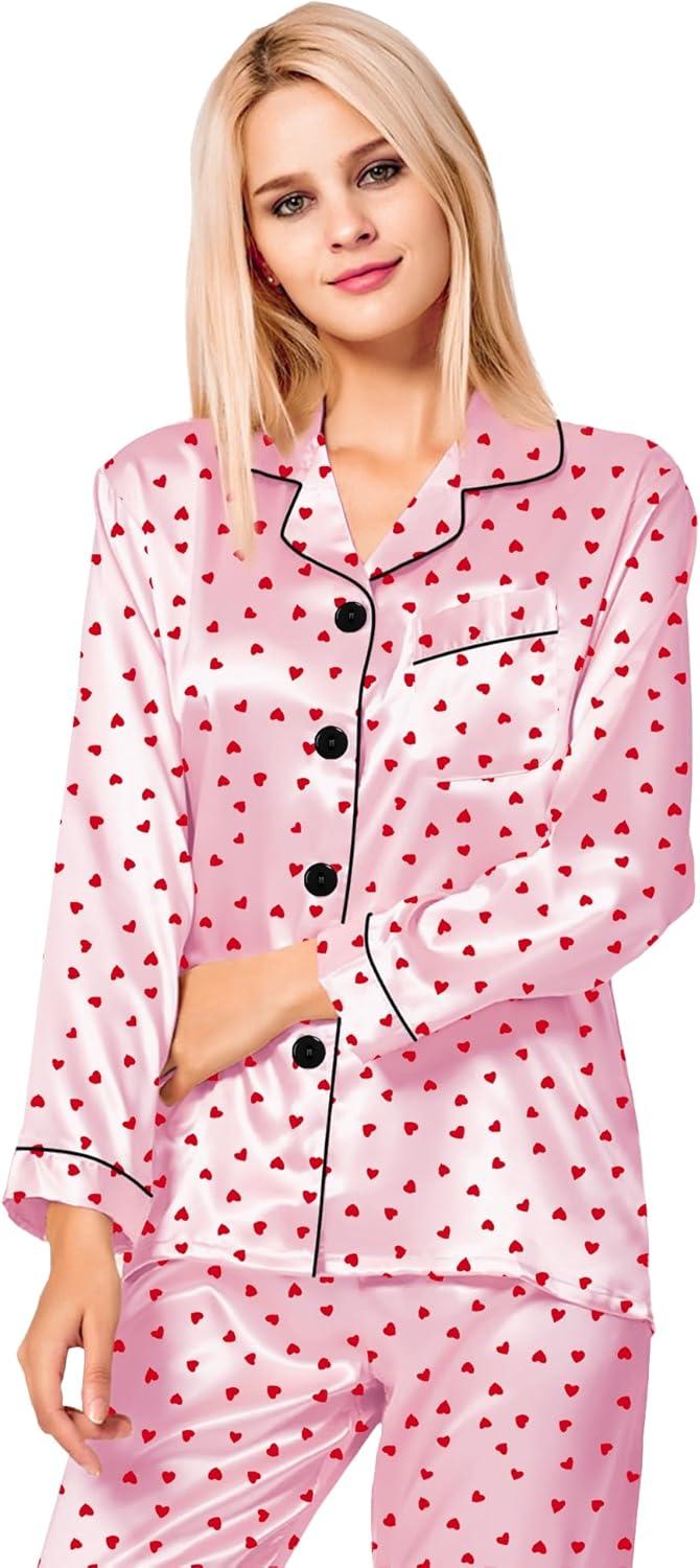 imageSWOMOG Womens Silk Satin Pajamas Set Long Sleeve Button Down Sleepwear 2 Piece Lounge Set Pj Set XS3XLRed Heart With Pink