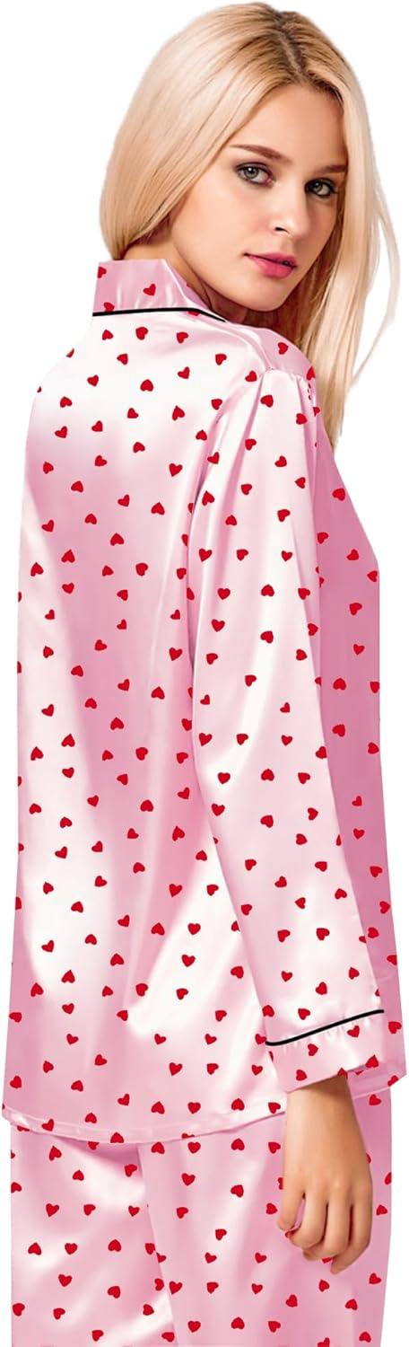 imageSWOMOG Womens Silk Satin Pajamas Set Long Sleeve Button Down Sleepwear 2 Piece Lounge Set Pj Set XS3XLRed Heart With Pink