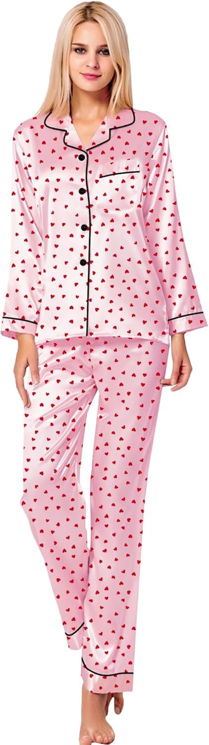 imageSWOMOG Womens Silk Satin Pajamas Set Long Sleeve Button Down Sleepwear 2 Piece Lounge Set Pj Set XS3XLRed Heart With Pink