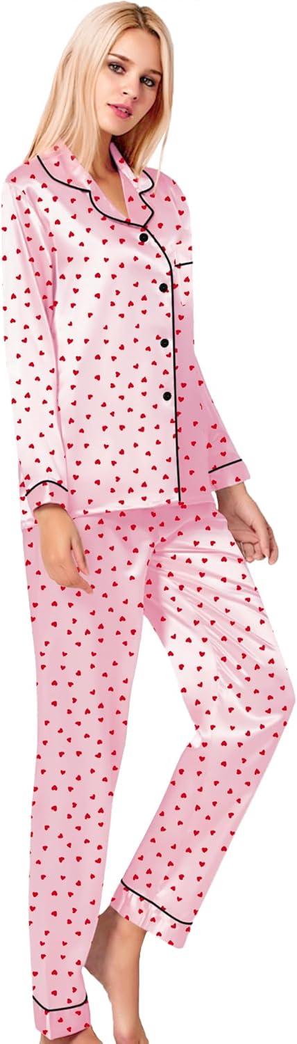 imageSWOMOG Womens Silk Satin Pajamas Set Long Sleeve Button Down Sleepwear 2 Piece Lounge Set Pj Set XS3XLRed Heart With Pink