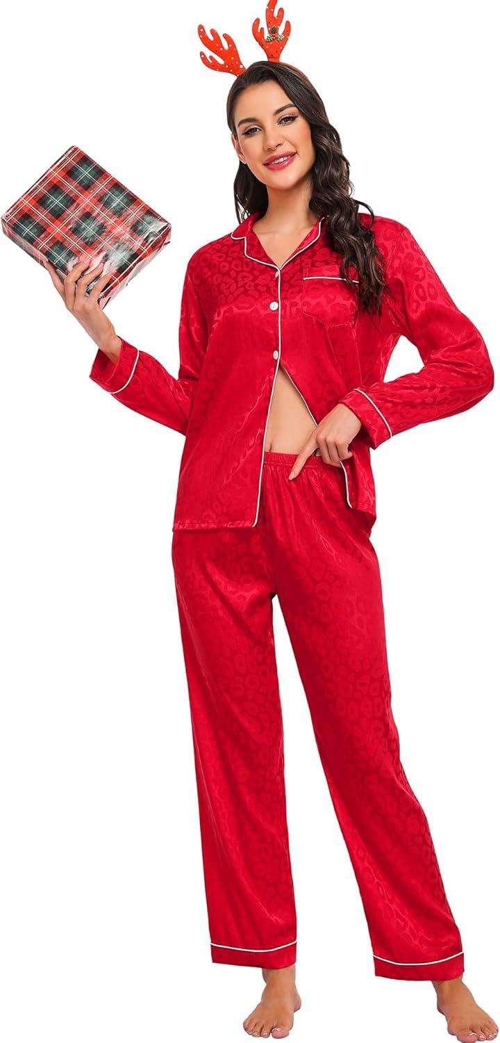 imageSWOMOG Womens Silk Satin Pajamas Set Long Sleeve Button Down Sleepwear 2 Piece Lounge Set Pj Set XS3XLRed Leopard