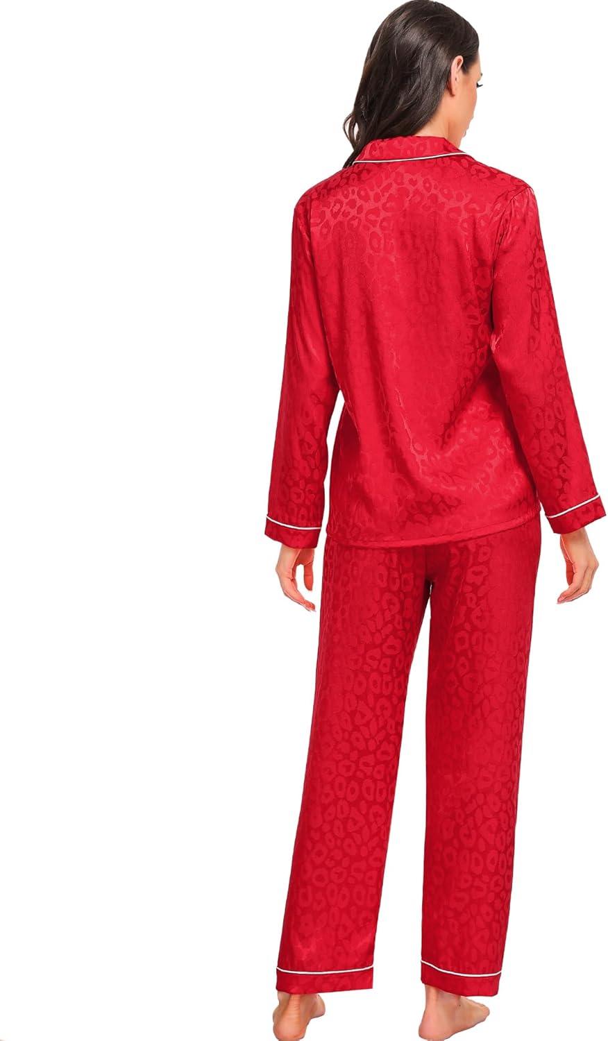 imageSWOMOG Womens Silk Satin Pajamas Set Long Sleeve Button Down Sleepwear 2 Piece Lounge Set Pj Set XS3XLRed Leopard