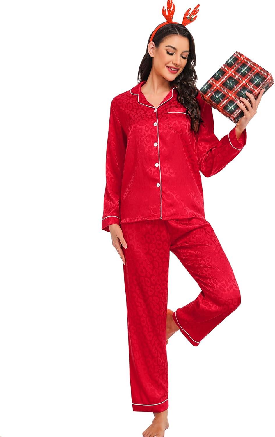imageSWOMOG Womens Silk Satin Pajamas Set Long Sleeve Button Down Sleepwear 2 Piece Lounge Set Pj Set XS3XLRed Leopard