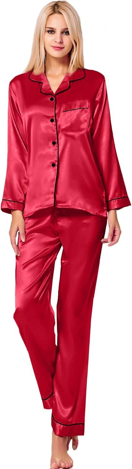 imageSWOMOG Womens Silk Satin Pajamas Set Long Sleeve Button Down Sleepwear 2 Piece Lounge Set Pj Set XS3XLRedd