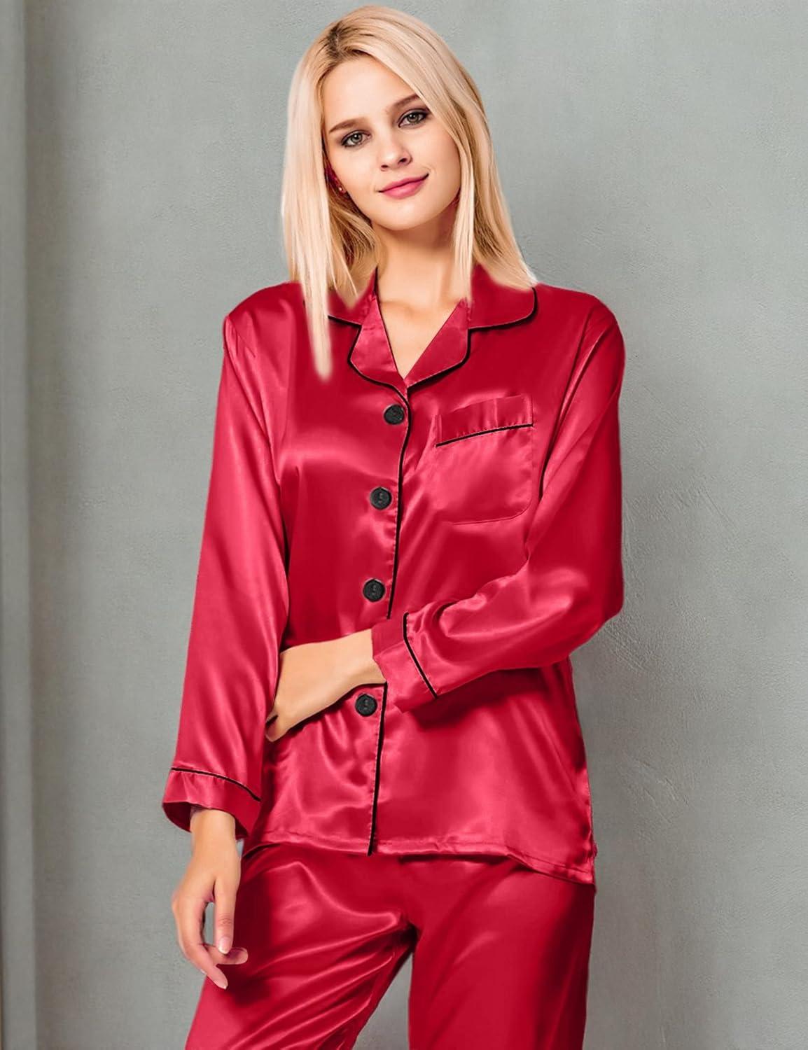 imageSWOMOG Womens Silk Satin Pajamas Set Long Sleeve Button Down Sleepwear 2 Piece Lounge Set Pj Set XS3XLRedd