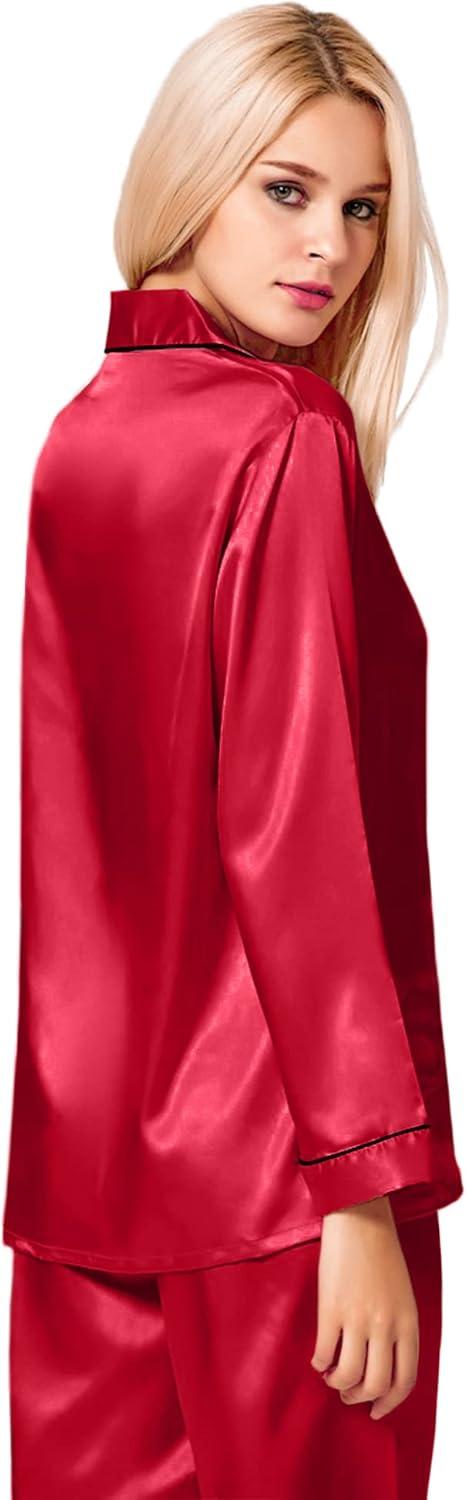 imageSWOMOG Womens Silk Satin Pajamas Set Long Sleeve Button Down Sleepwear 2 Piece Lounge Set Pj Set XS3XLRedd
