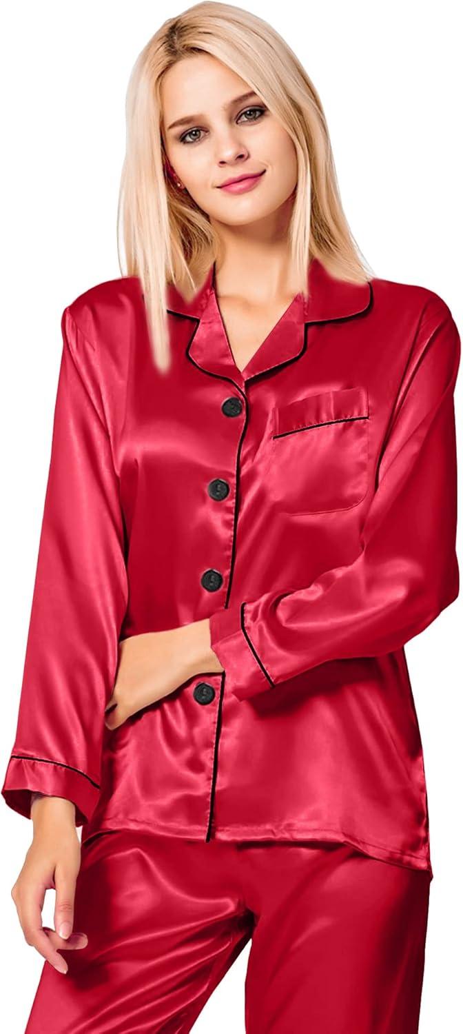 imageSWOMOG Womens Silk Satin Pajamas Set Long Sleeve Button Down Sleepwear 2 Piece Lounge Set Pj Set XS3XLRedd