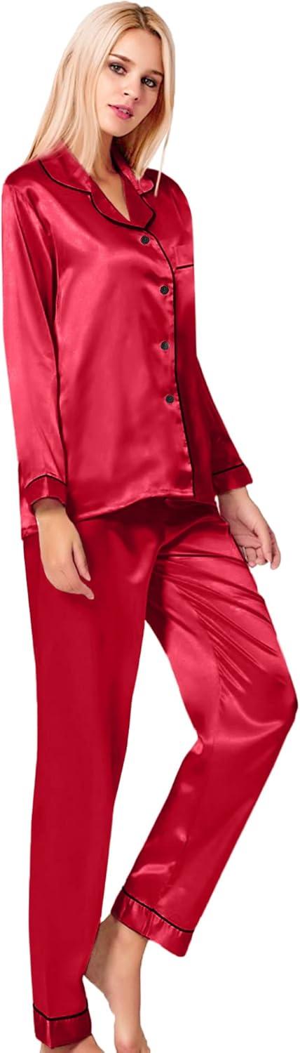 imageSWOMOG Womens Silk Satin Pajamas Set Long Sleeve Button Down Sleepwear 2 Piece Lounge Set Pj Set XS3XLRedd