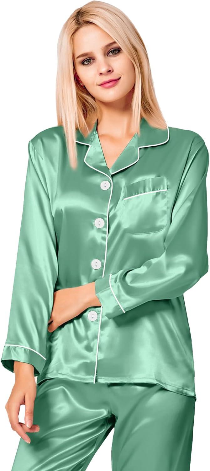 imageSWOMOG Womens Silk Satin Pajamas Set Long Sleeve Button Down Sleepwear 2 Piece Lounge Set Pj Set XS3XLSage