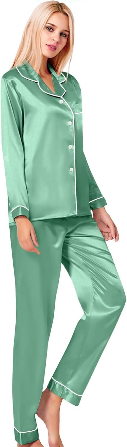 imageSWOMOG Womens Silk Satin Pajamas Set Long Sleeve Button Down Sleepwear 2 Piece Lounge Set Pj Set XS3XLSage