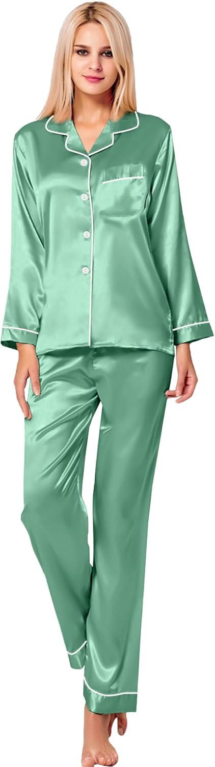 imageSWOMOG Womens Silk Satin Pajamas Set Long Sleeve Button Down Sleepwear 2 Piece Lounge Set Pj Set XS3XLSage