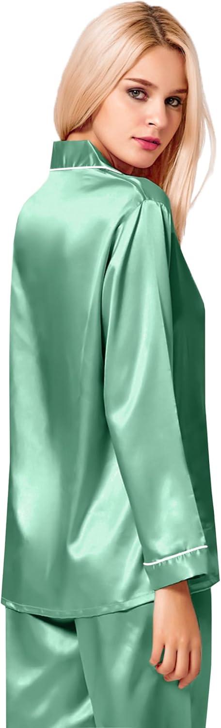 imageSWOMOG Womens Silk Satin Pajamas Set Long Sleeve Button Down Sleepwear 2 Piece Lounge Set Pj Set XS3XLSage