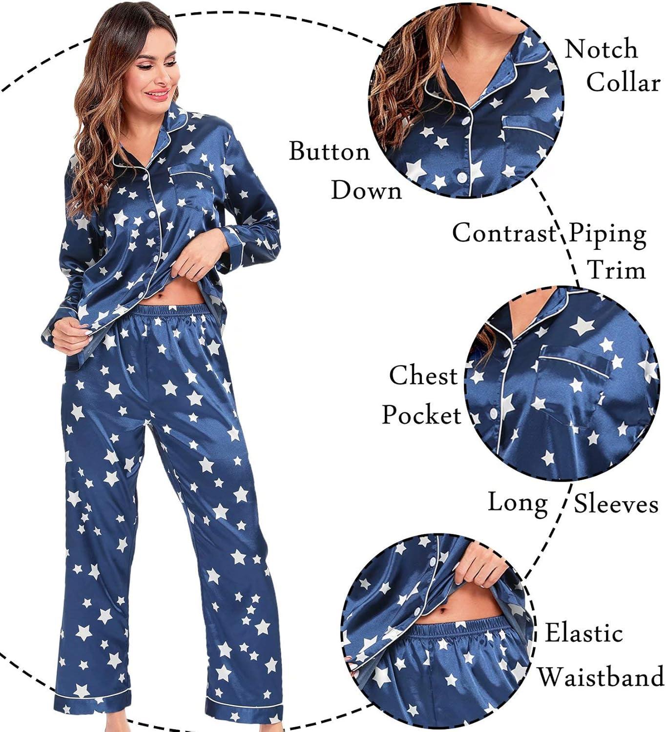 imageSWOMOG Womens Silk Satin Pajamas Set Long Sleeve Button Down Sleepwear 2 Piece Lounge Set Pj Set XS3XLStar Navy Blue