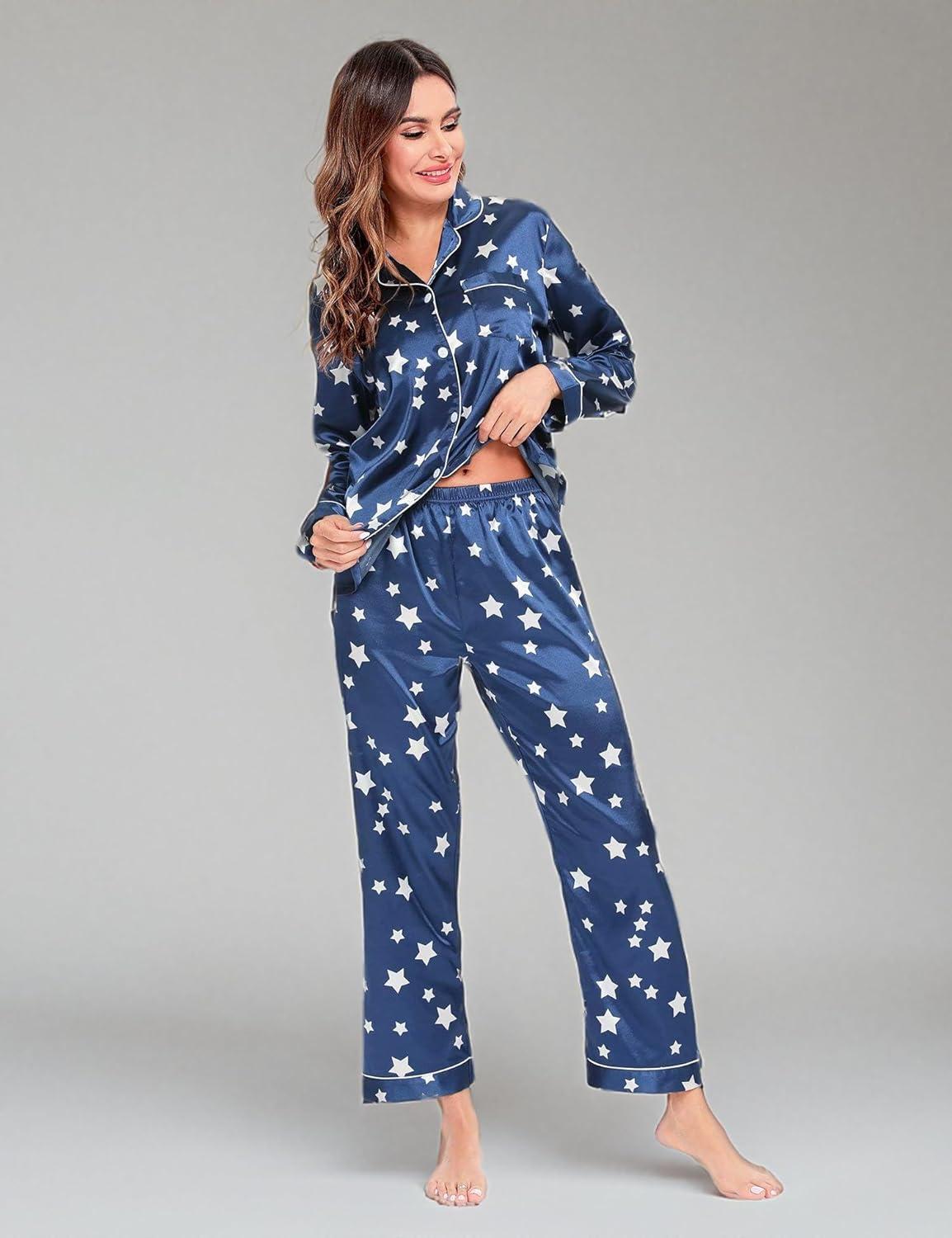 imageSWOMOG Womens Silk Satin Pajamas Set Long Sleeve Button Down Sleepwear 2 Piece Lounge Set Pj Set XS3XLStar Navy Blue