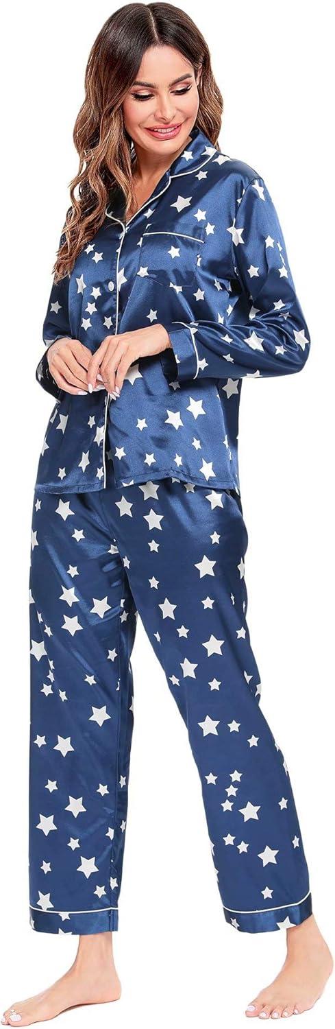 imageSWOMOG Womens Silk Satin Pajamas Set Long Sleeve Button Down Sleepwear 2 Piece Lounge Set Pj Set XS3XLStar Navy Blue