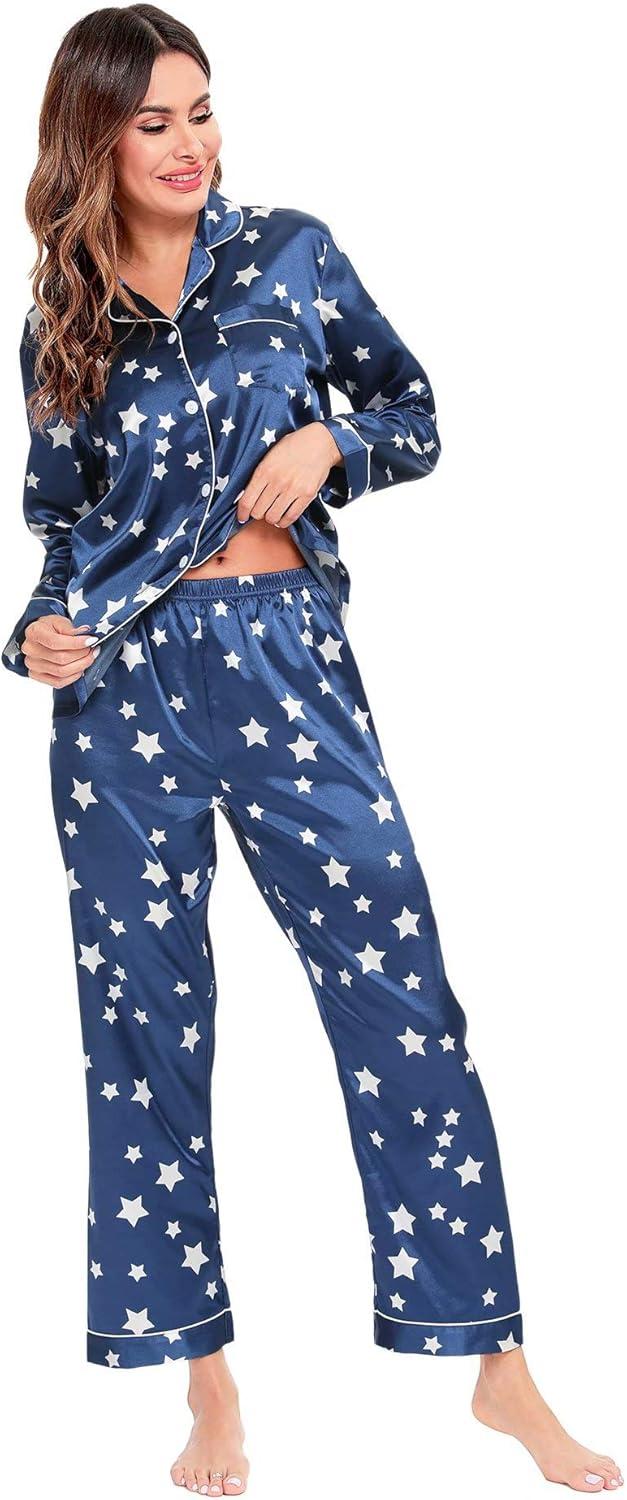 imageSWOMOG Womens Silk Satin Pajamas Set Long Sleeve Button Down Sleepwear 2 Piece Lounge Set Pj Set XS3XLStar Navy Blue