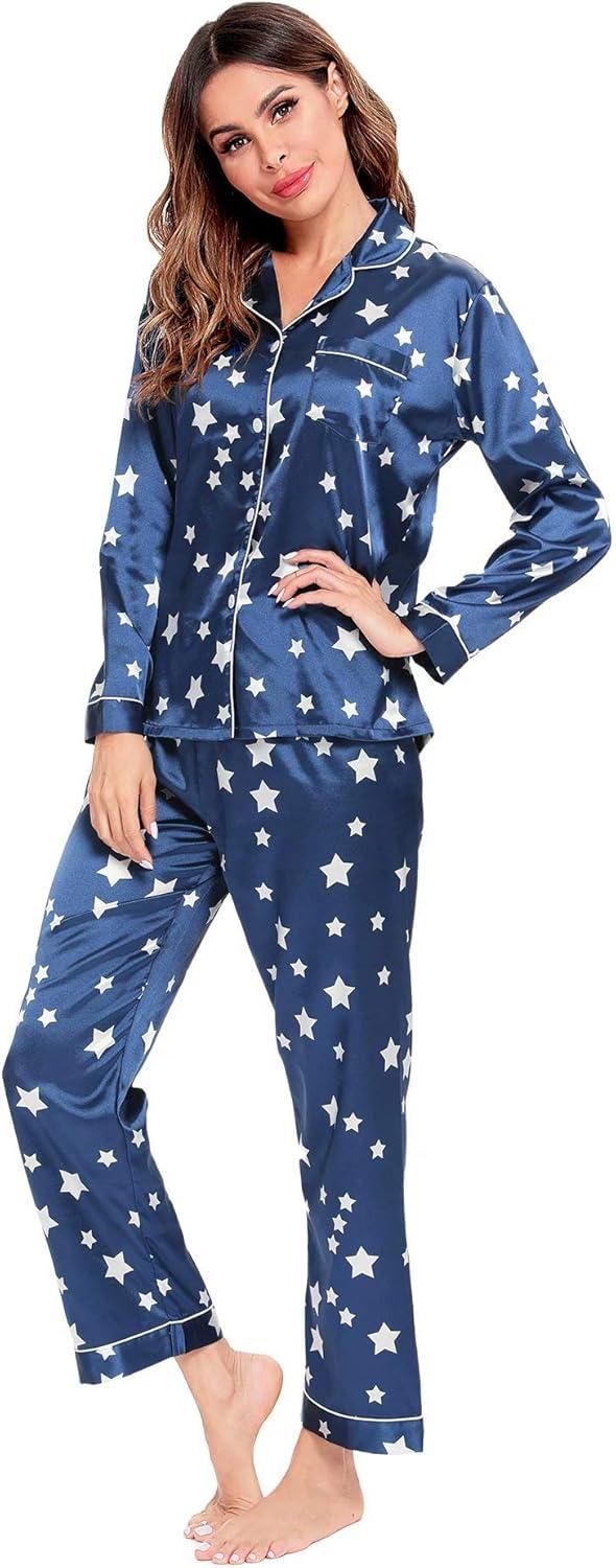 imageSWOMOG Womens Silk Satin Pajamas Set Long Sleeve Button Down Sleepwear 2 Piece Lounge Set Pj Set XS3XLStar Navy Blue