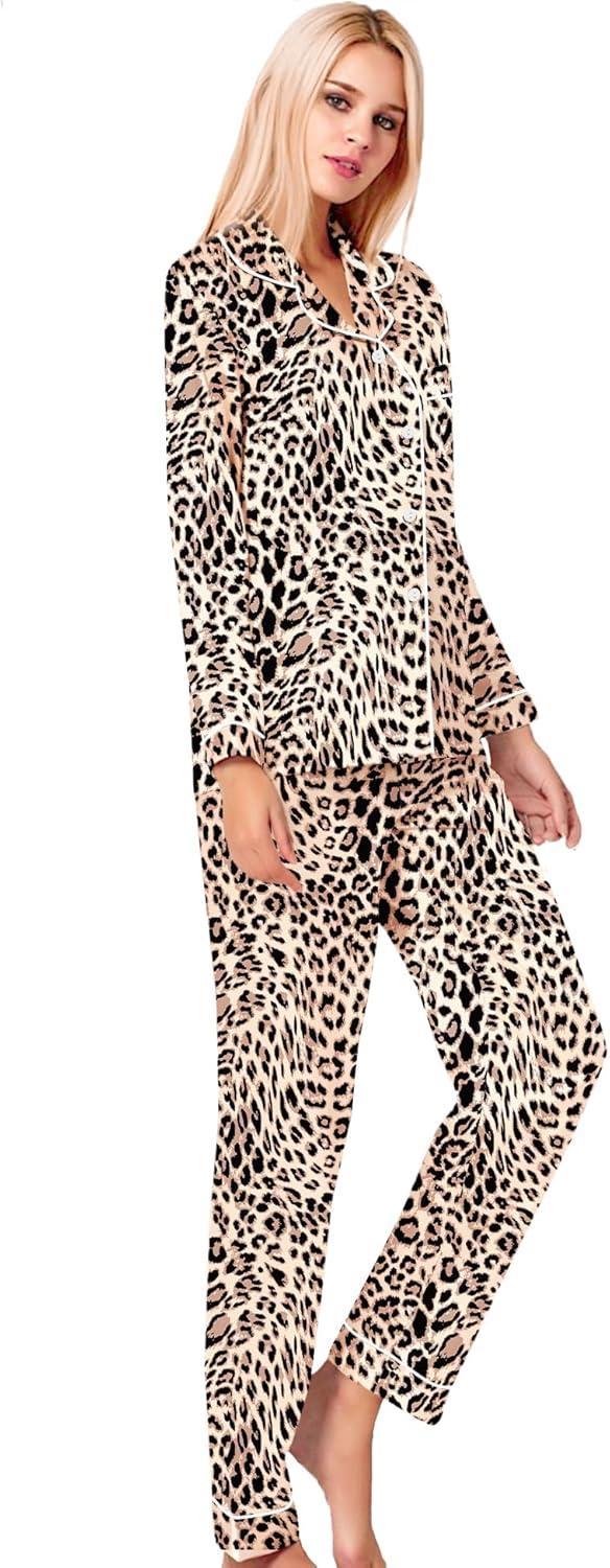 imageSWOMOG Womens Silk Satin Pajamas Set Long Sleeve Button Down Sleepwear 2 Piece Lounge Set Pj Set XS3XLWavy Leopard