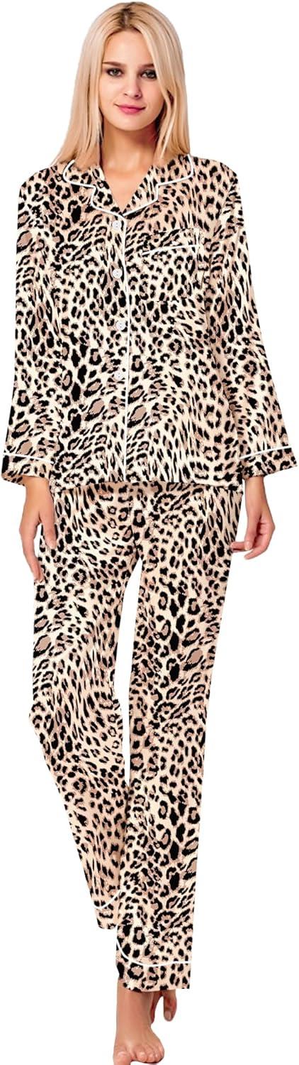 imageSWOMOG Womens Silk Satin Pajamas Set Long Sleeve Button Down Sleepwear 2 Piece Lounge Set Pj Set XS3XLWavy Leopard