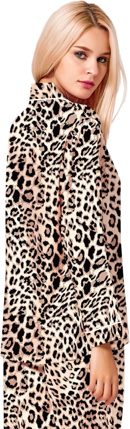 imageSWOMOG Womens Silk Satin Pajamas Set Long Sleeve Button Down Sleepwear 2 Piece Lounge Set Pj Set XS3XLWavy Leopard