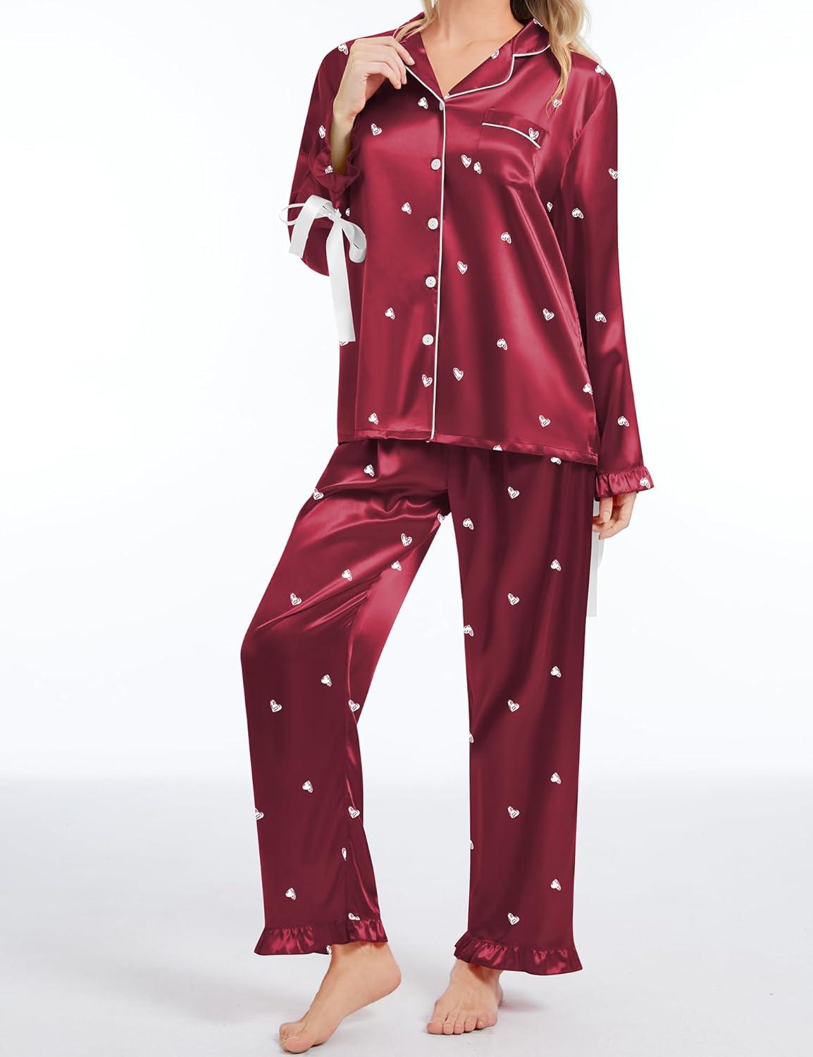 imageSWOMOG Womens Silk Satin Pajamas Set Long Sleeve Button Down Sleepwear 2 Piece Lounge Set Pj Set XS3XLWine Red With Bow Tie
