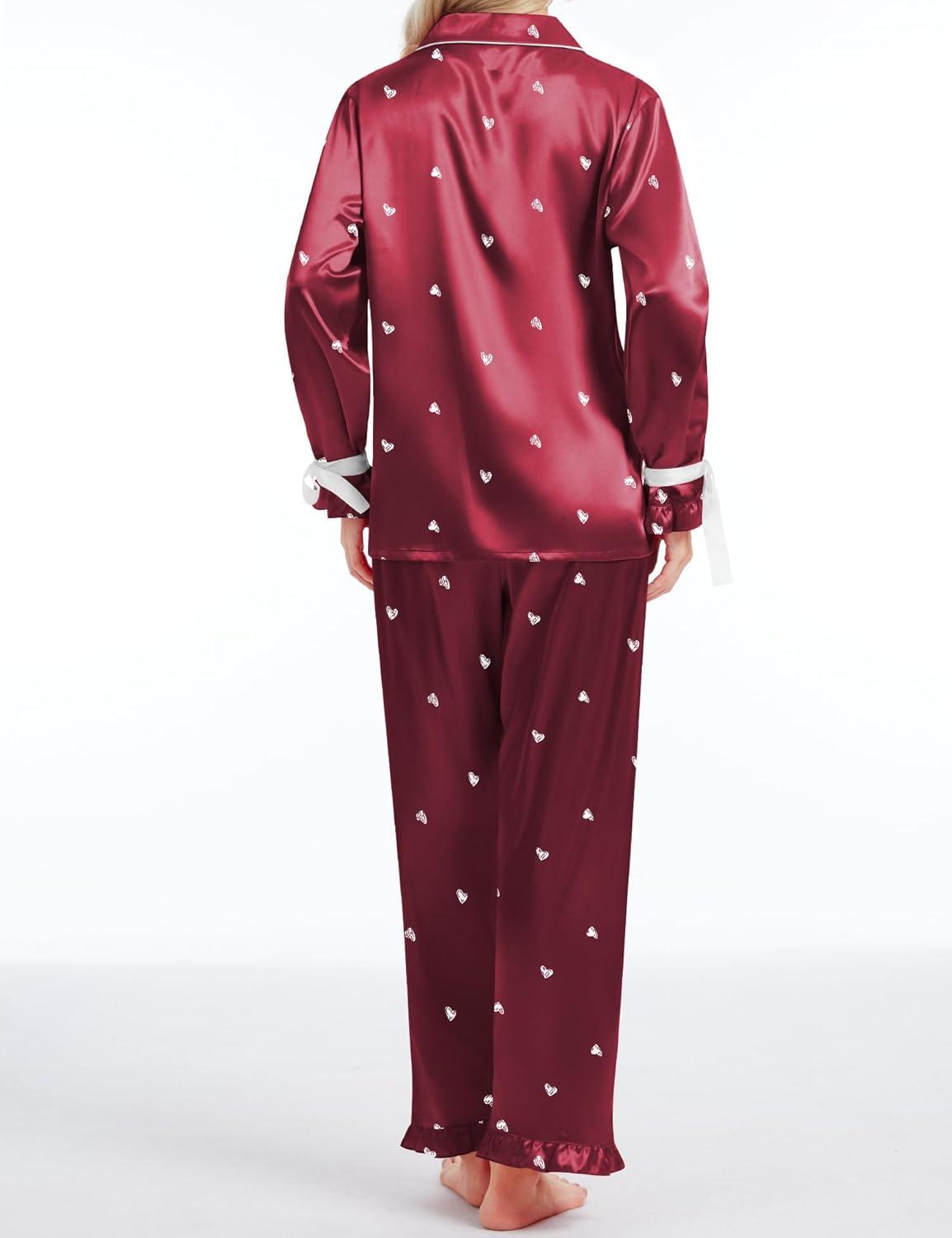 imageSWOMOG Womens Silk Satin Pajamas Set Long Sleeve Button Down Sleepwear 2 Piece Lounge Set Pj Set XS3XLWine Red With Bow Tie