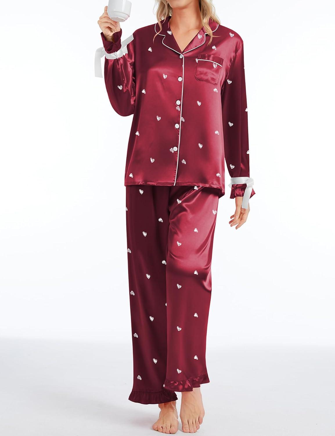 imageSWOMOG Womens Silk Satin Pajamas Set Long Sleeve Button Down Sleepwear 2 Piece Lounge Set Pj Set XS3XLWine Red With Bow Tie