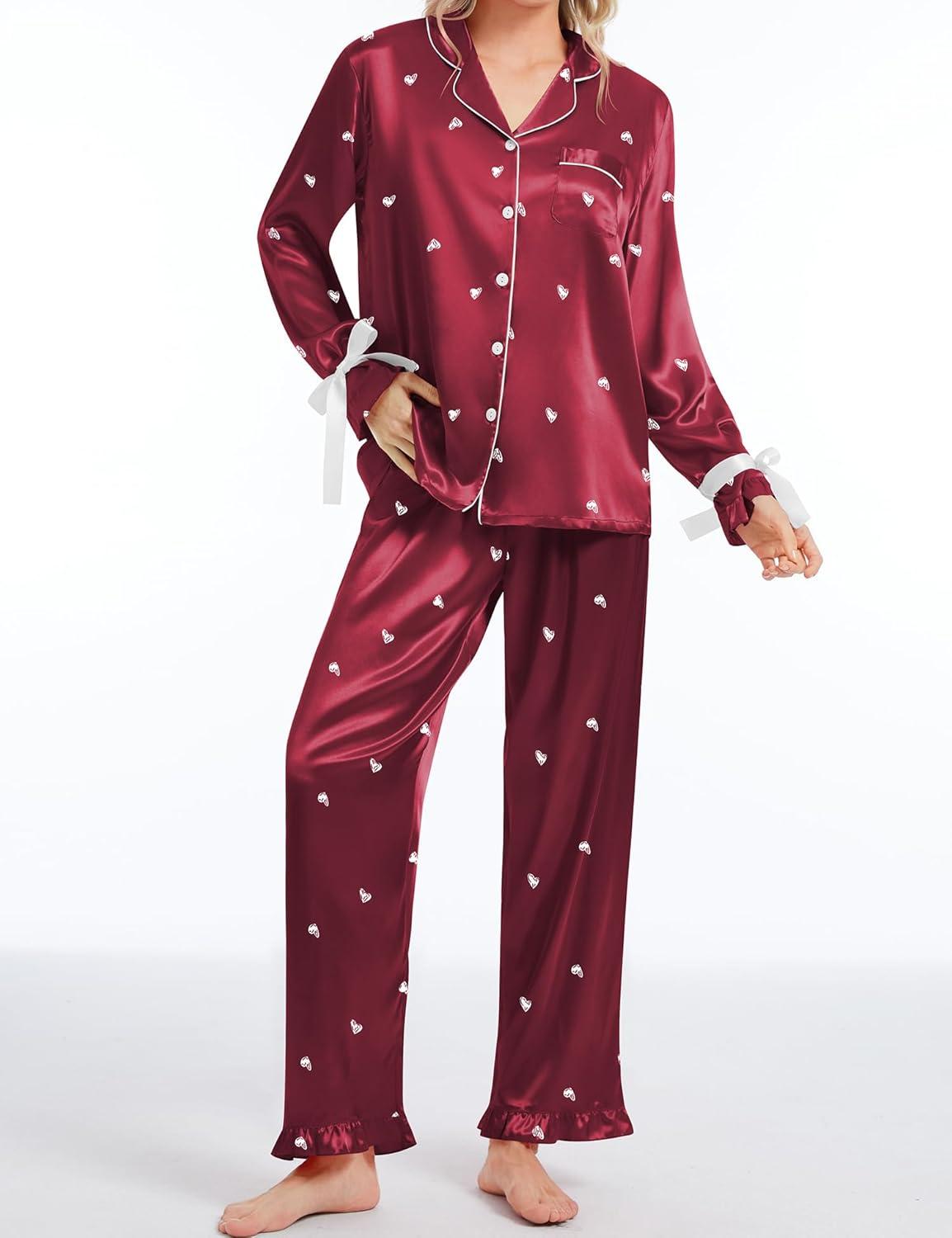 imageSWOMOG Womens Silk Satin Pajamas Set Long Sleeve Button Down Sleepwear 2 Piece Lounge Set Pj Set XS3XLWine Red With Bow Tie