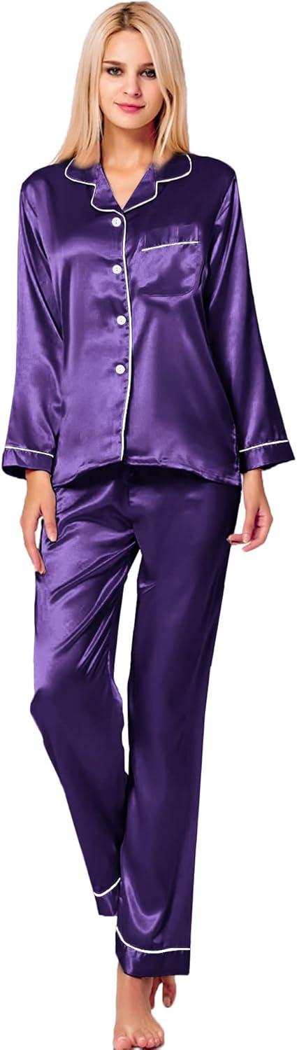 imageSWOMOG Womens Silk Satin Pajamas Set Long Sleeve Button Down Sleepwear 2 Piece Lounge Set Pj Set XS3XLWineberry