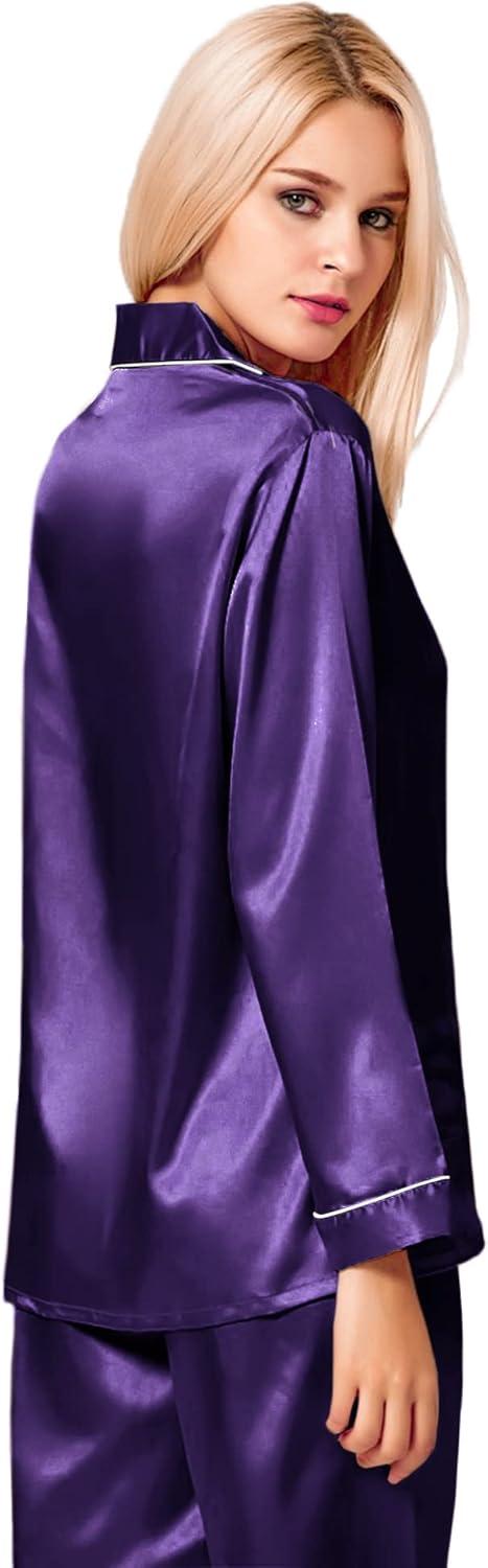 imageSWOMOG Womens Silk Satin Pajamas Set Long Sleeve Button Down Sleepwear 2 Piece Lounge Set Pj Set XS3XLWineberry
