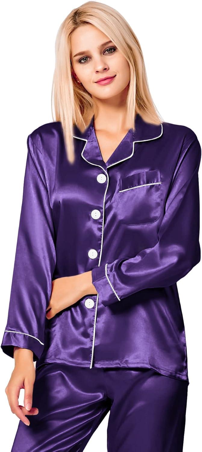 imageSWOMOG Womens Silk Satin Pajamas Set Long Sleeve Button Down Sleepwear 2 Piece Lounge Set Pj Set XS3XLWineberry