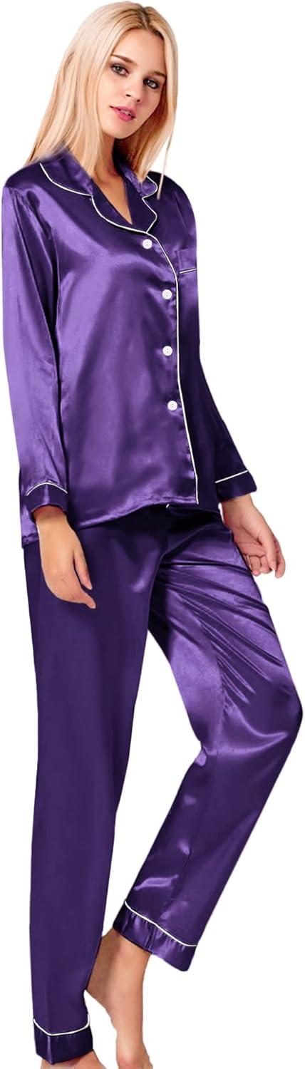 imageSWOMOG Womens Silk Satin Pajamas Set Long Sleeve Button Down Sleepwear 2 Piece Lounge Set Pj Set XS3XLWineberry