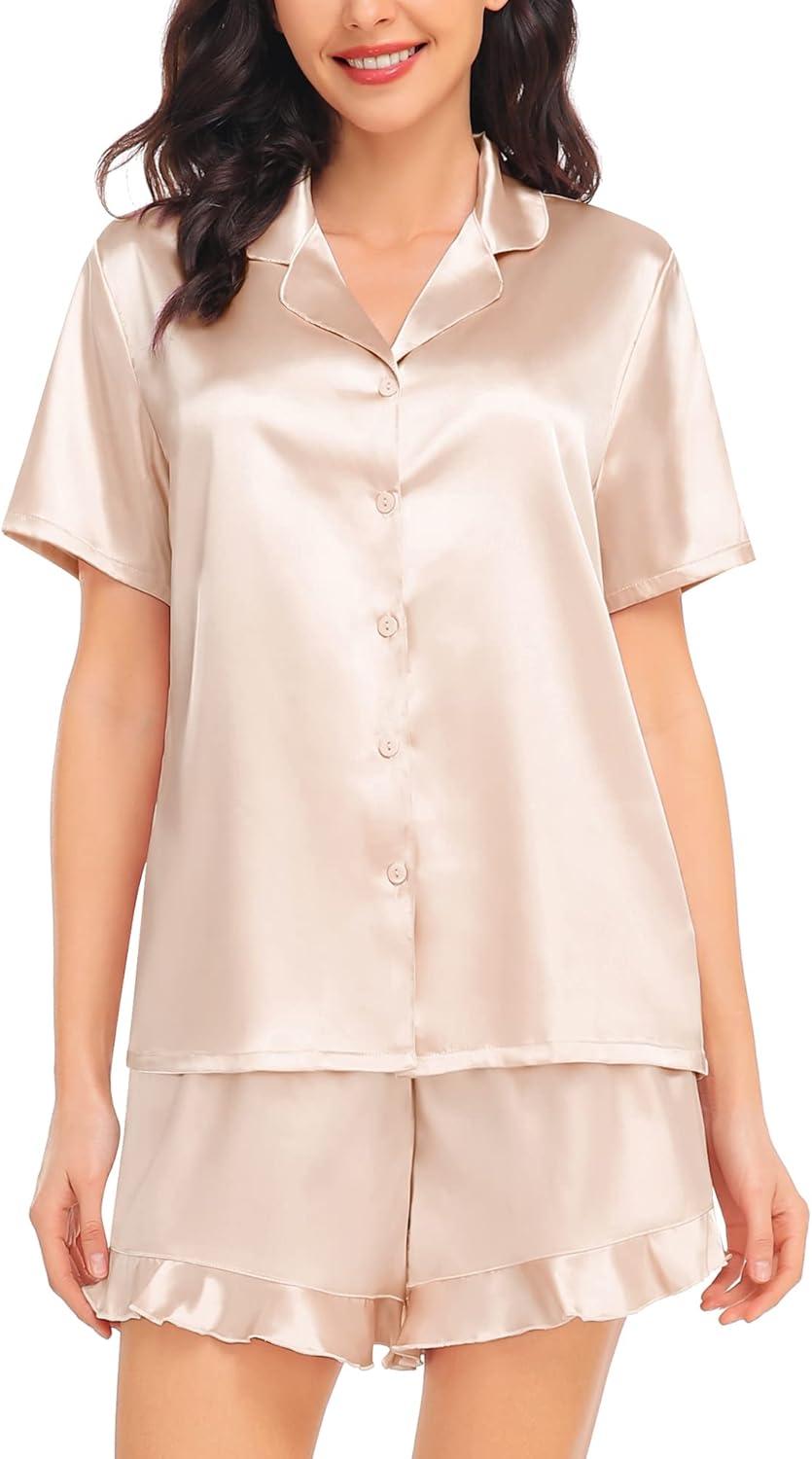 imageSWOMOG Womens Silk Satin Pajamas Set Short Sleeve Button Down Sleepwear Ruffle Hem Shorts PJ Sets TwoPiece LoungewearAchampagne