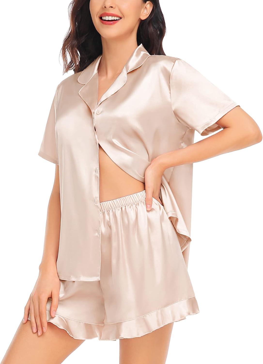 imageSWOMOG Womens Silk Satin Pajamas Set Short Sleeve Button Down Sleepwear Ruffle Hem Shorts PJ Sets TwoPiece LoungewearAchampagne