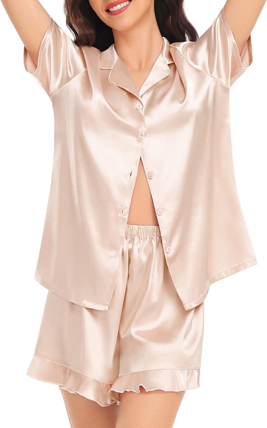 imageSWOMOG Womens Silk Satin Pajamas Set Short Sleeve Button Down Sleepwear Ruffle Hem Shorts PJ Sets TwoPiece LoungewearAchampagne