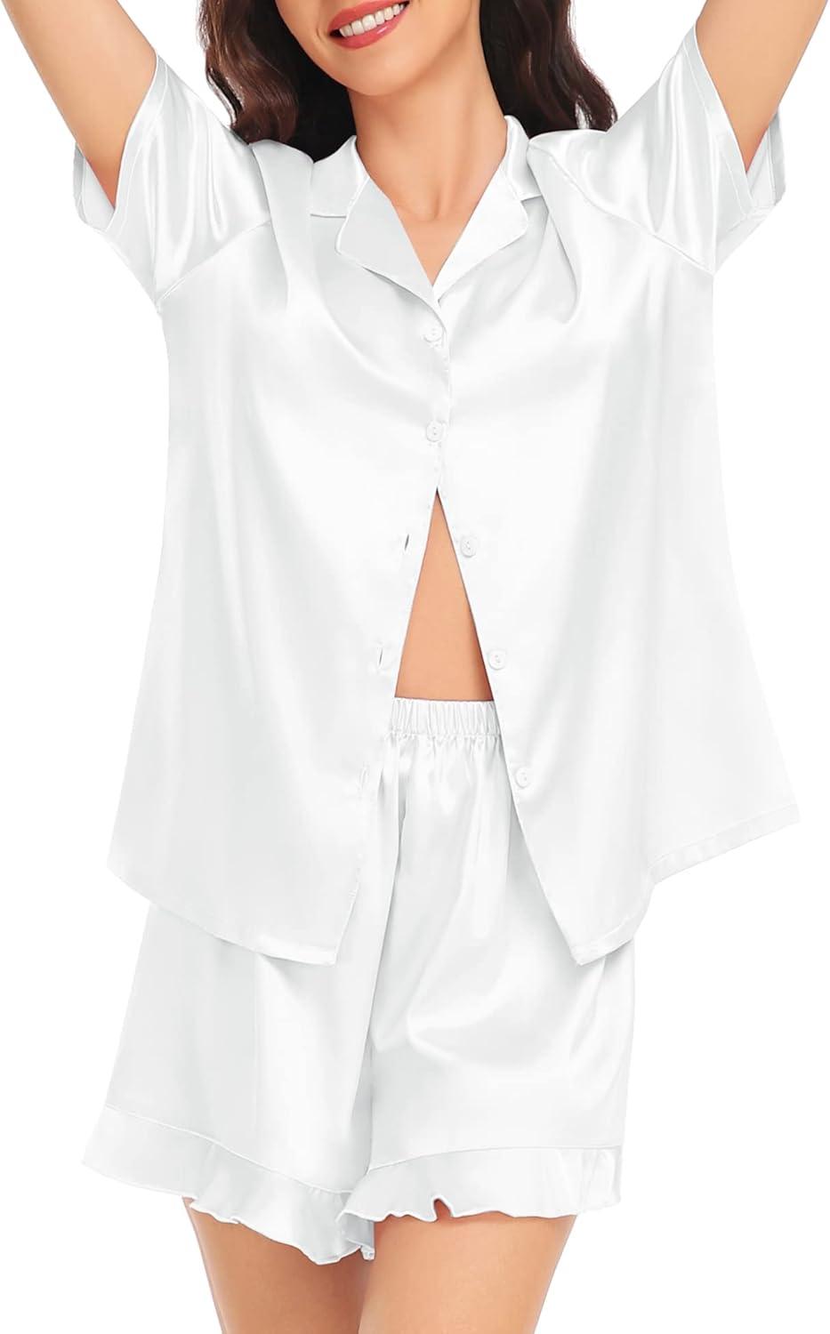 imageSWOMOG Womens Silk Satin Pajamas Set Short Sleeve Button Down Sleepwear Ruffle Hem Shorts PJ Sets TwoPiece LoungewearAwhite