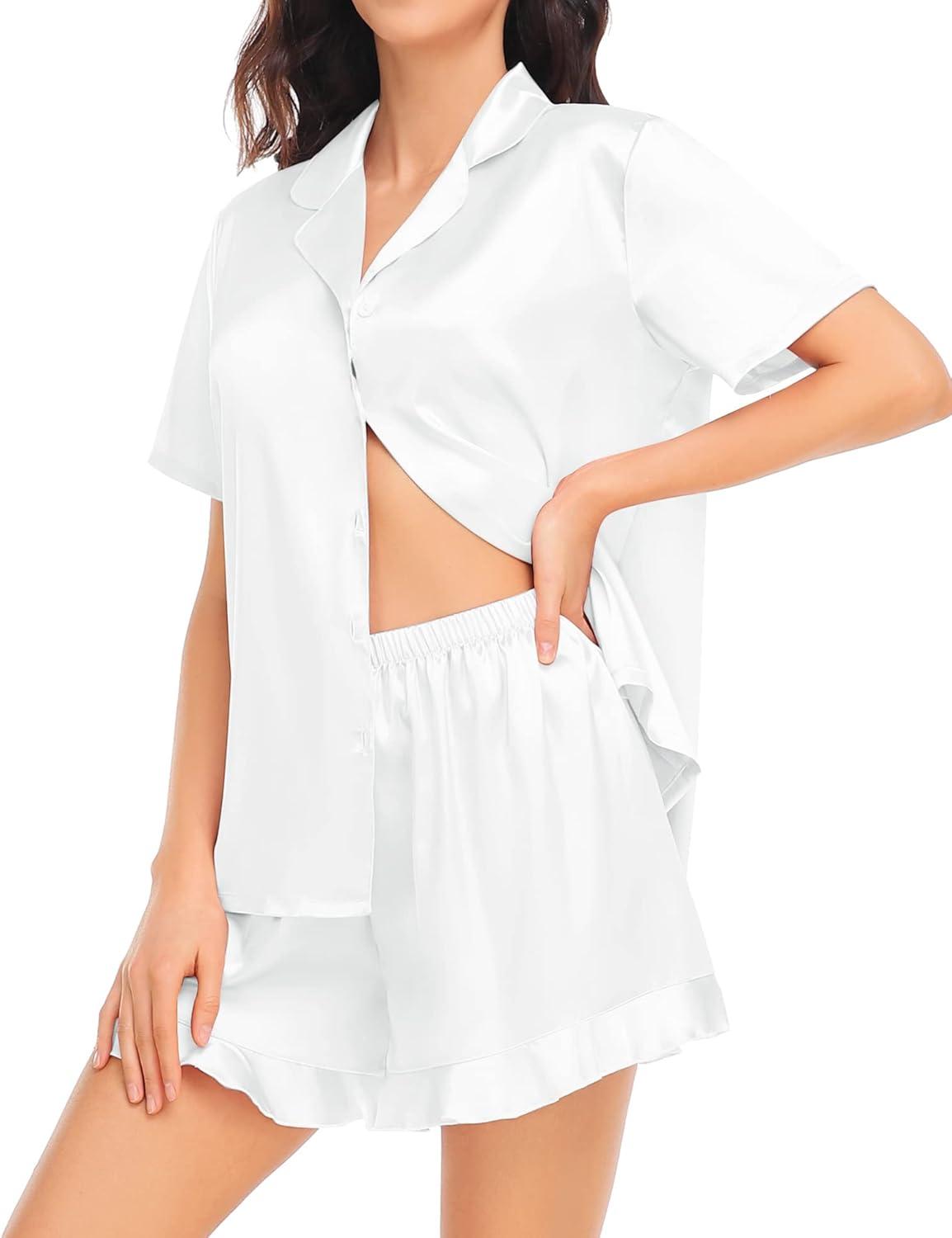 imageSWOMOG Womens Silk Satin Pajamas Set Short Sleeve Button Down Sleepwear Ruffle Hem Shorts PJ Sets TwoPiece LoungewearAwhite