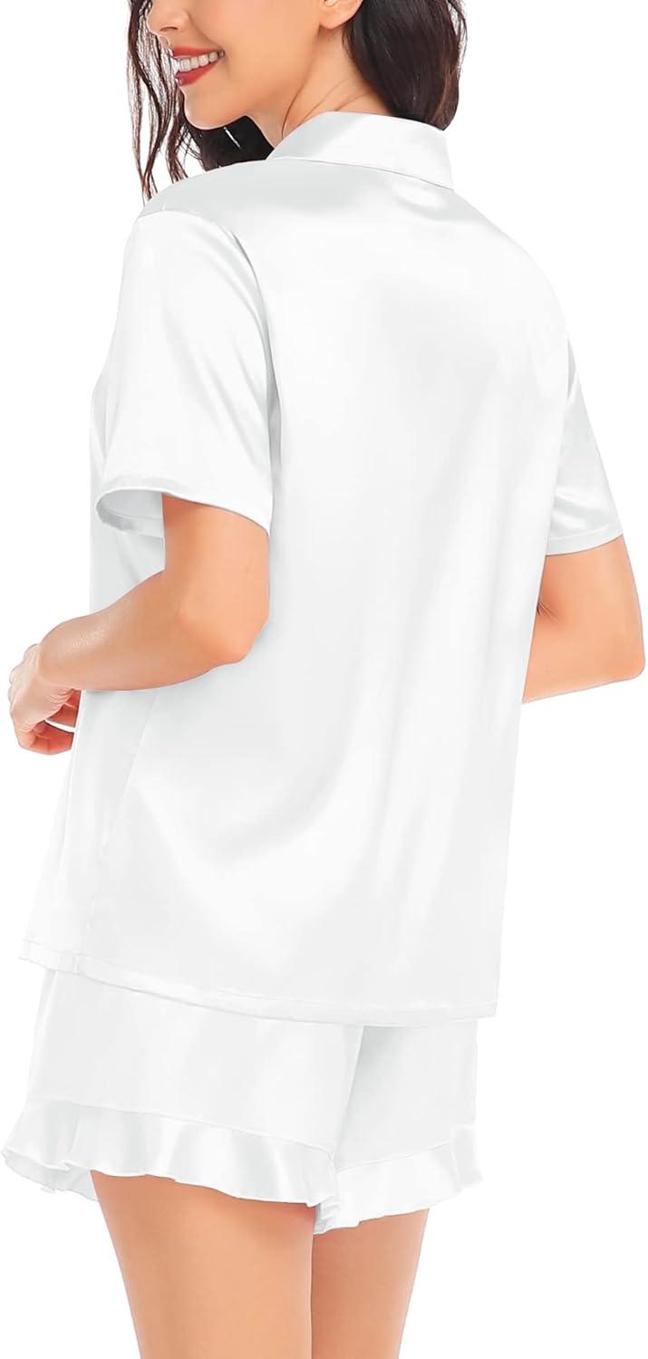 imageSWOMOG Womens Silk Satin Pajamas Set Short Sleeve Button Down Sleepwear Ruffle Hem Shorts PJ Sets TwoPiece LoungewearAwhite