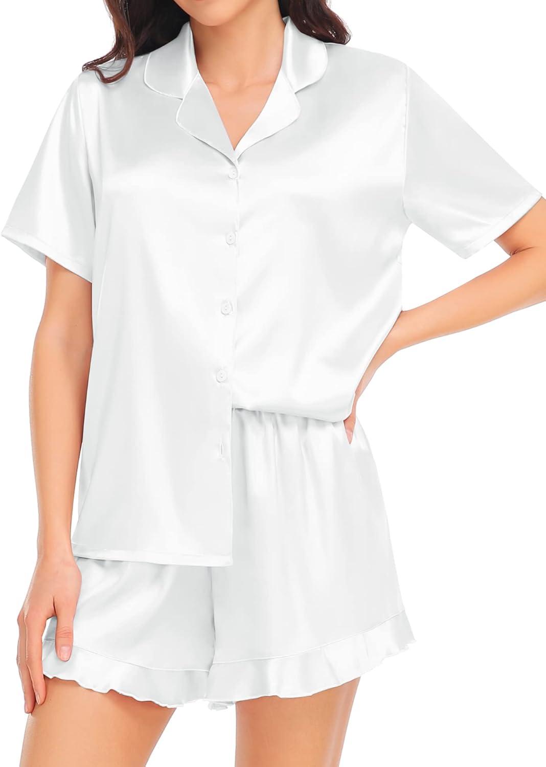 imageSWOMOG Womens Silk Satin Pajamas Set Short Sleeve Button Down Sleepwear Ruffle Hem Shorts PJ Sets TwoPiece LoungewearAwhite