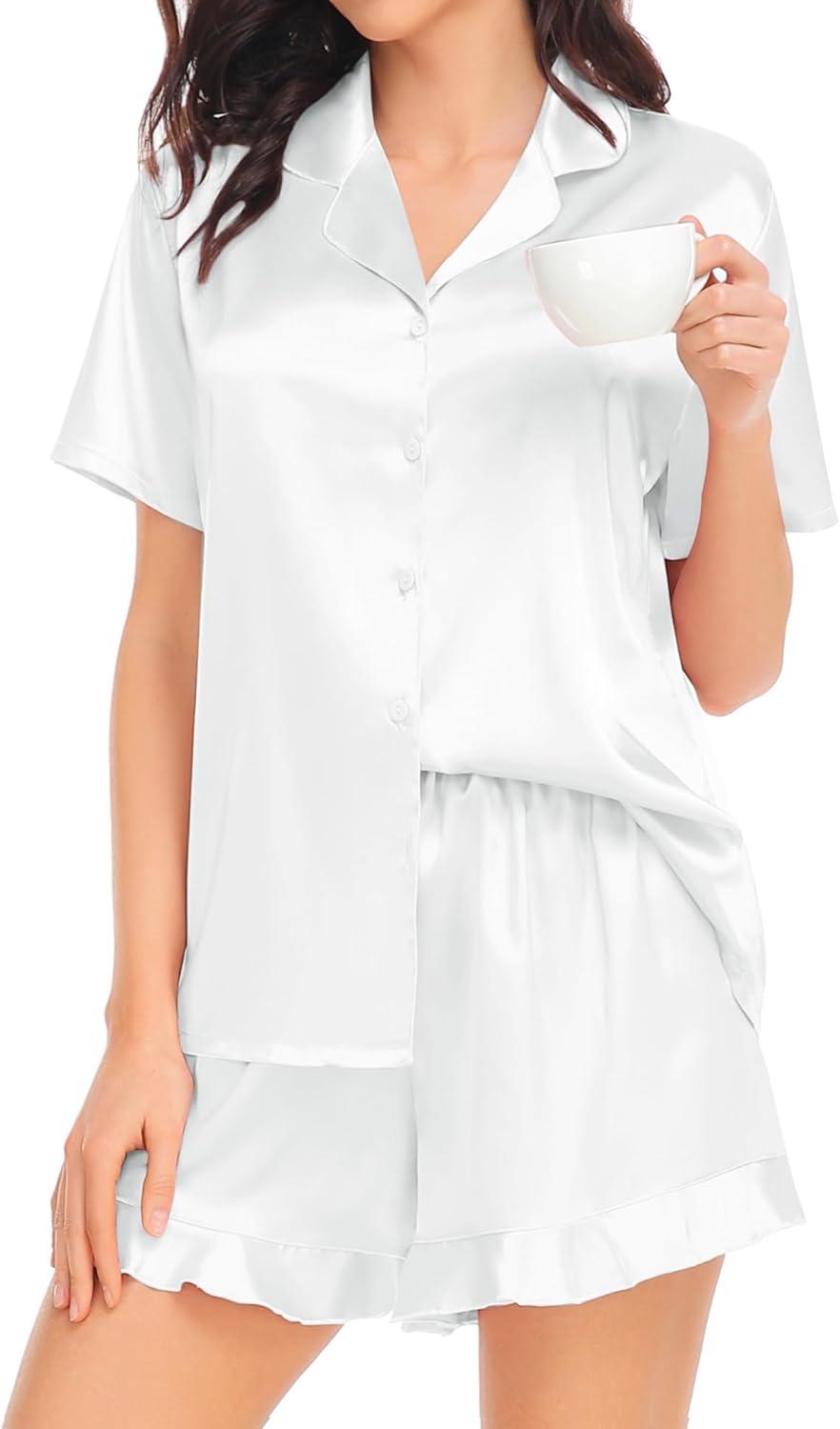 imageSWOMOG Womens Silk Satin Pajamas Set Short Sleeve Button Down Sleepwear Ruffle Hem Shorts PJ Sets TwoPiece LoungewearAwhite
