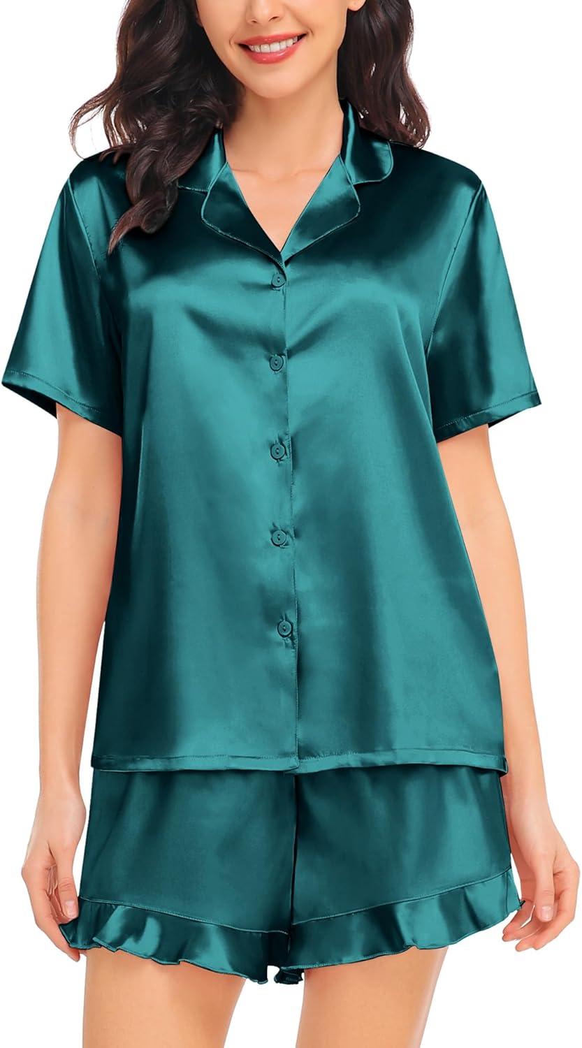 imageSWOMOG Womens Silk Satin Pajamas Set Short Sleeve Button Down Sleepwear Ruffle Hem Shorts PJ Sets TwoPiece LoungewearGreen